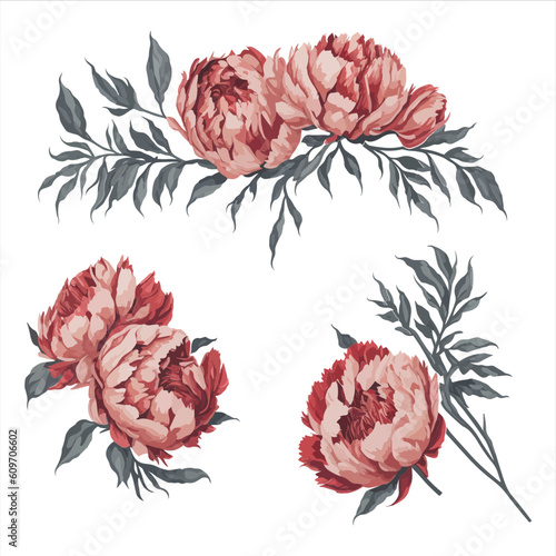 Peonies Red Watercolor Flower Arrangement Collection.