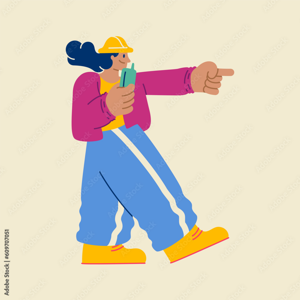 female engineer. woman builder. woman talking on the radio. Vector illustration. female engineer. woman builder. woman talking on the radio. Vector illustration.