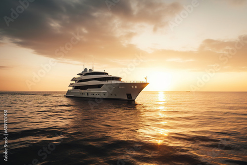 Luxury motor yacht in sea at sunset, big expensive boat moves in ocean, generative AI.