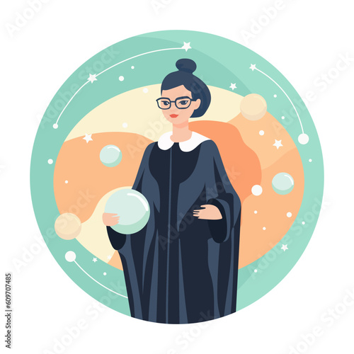 Female astrologer in mantle. Beauty astrology. Individual horoscope
