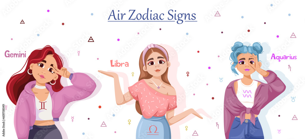Astrological air element zodiac signs vector illustration. A set of girls in the role of Zodiac Signs: Gemini, Libra, Aquarius on a white background. Astrological air element zodiac signs vector illustration. A set of girls in the role of Zodiac Signs: Gemini, Libra, Aquarius on a white background.