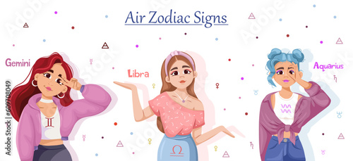 Astrological air element zodiac signs vector illustration. A set of girls in the role of Zodiac Signs: Gemini, Libra, Aquarius on a white background.