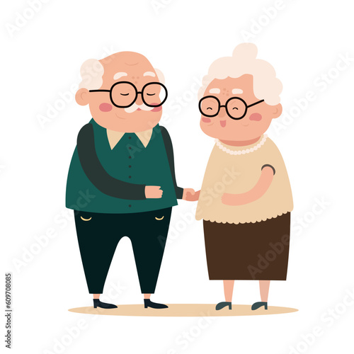 Happy elderly couple dancing together or just holding hands. Isolated on white