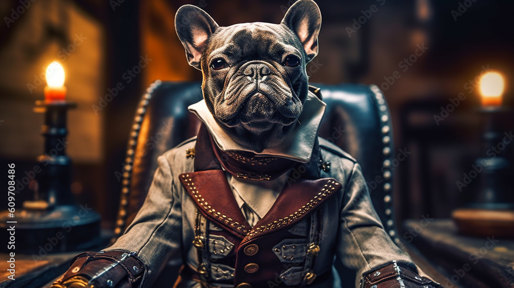 Generative AI. A gentleman French Bulldog, wearing a steampunk suit with a war helmet is sitting in the war hammer Generative AI. A gentleman French Bulldog, wearing a steampunk suit with a war helmet is sitting in the war hammer