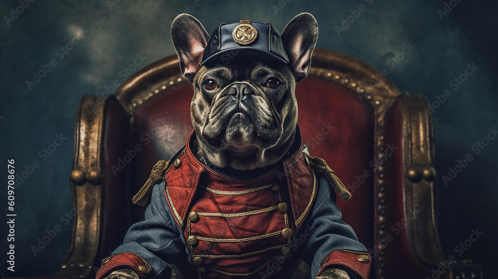 Generative AI. A gentleman French Bulldog, wearing a steampunk suit with a war helmet is sitting in the war hammer