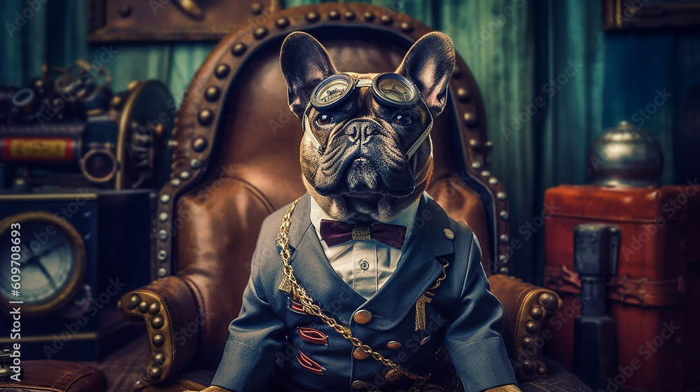 Generative AI. A gentleman French Bulldog, wearing a steampunk suit with a war helmet is sitting in the war hammer