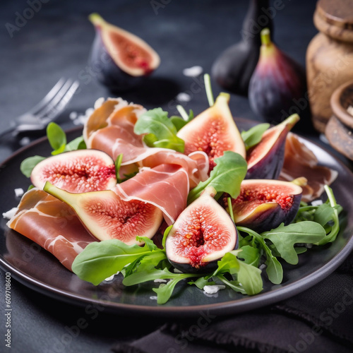 Prosciutto and fresh figs salad with rocket salad. Generative AI