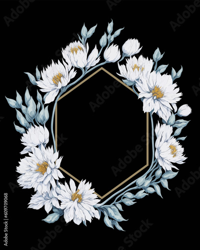 Flower Frame Hexagon of Flower Asters White for Wedding Invitation Ornament.