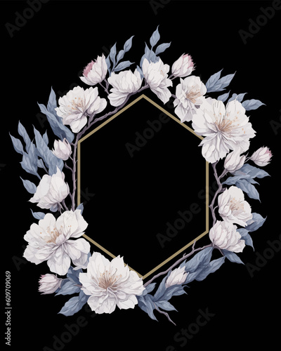 Flower Frame Hexagon of Flower Cherry Blossoms White for Wedding Invitation Ornament.