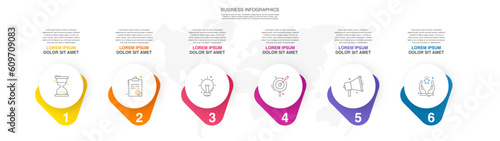 Vector infographic design template. Modern timeline concept with six steps, circles. Vector illustration used for diagram, workflow layout, banner, webdesign, presentations, flowchart