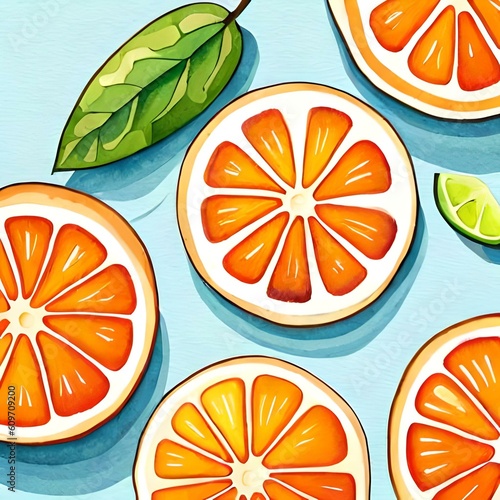 Watercolor orange fruits. Citrus set with half and slices. Isolated on white background. Hand painted, botanical painting perfect for kitchen design, cards, poster, textile, menu