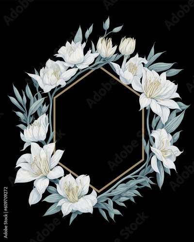 Flower Frame Hexagon of Flower Lilies White for Wedding Invitation Ornament.