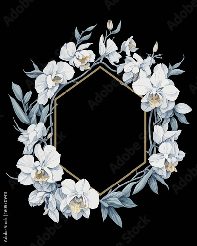 Flower Frame Hexagon of Flower Orchids White for Wedding Invitation Ornament.