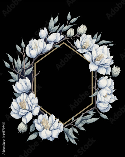 Flower Frame Hexagon of Flower Magnolia White for Wedding Invitation Ornament.