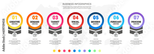 Vector business infographics template. Timeline with 7 circle, icon, arrow, steps, seven number options. Can be used for workflow layout, diagram, chart, banner, web design. Modern illustration