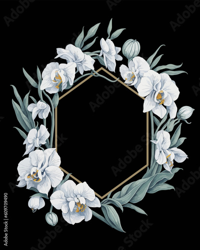Flower Frame Hexagon of Flower Orchids White for Wedding Invitation Ornament.