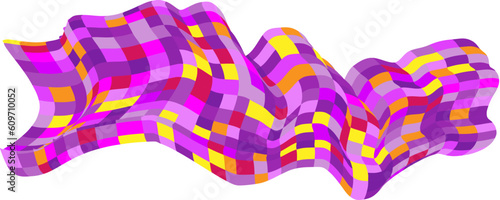 Patchwork quilt made of violet cells. Quilted fabric. Square fields from a bird's eye view. Autumn harvest. Checkered background with distorted squares. Distortion chess pattern. Chessboard surface.