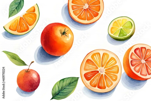 Watercolor orange fruits. Citrus set with half and slices. Isolated on white background. Hand painted, botanical painting perfect for kitchen design, cards, poster, textile, menu
