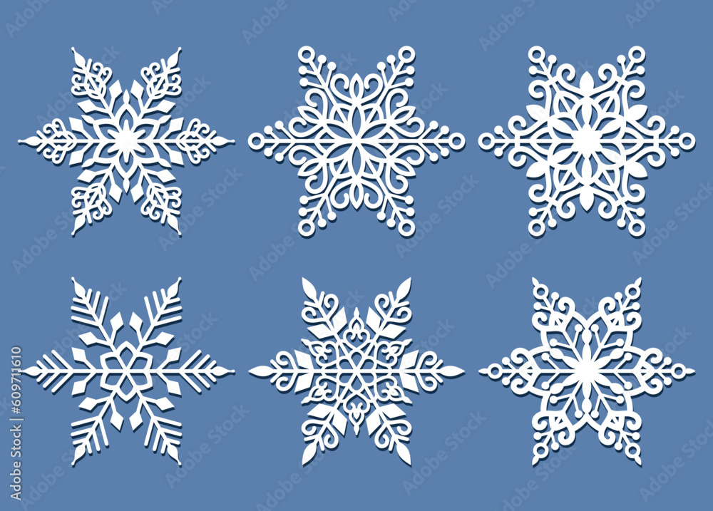 Set of laser cutting openwork snowflakes. Vector silhouette of christmas decoration. Template for paper isolated on blue background. Stencil for scrapbooking, carved wood. Set of laser cutting openwork snowflakes. Vector silhouette of christmas decoration. Template for paper isolated on blue background. Stencil for scrapbooking, carved wood.