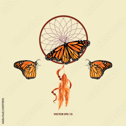Dream catcher, feathers, monarch butterflies. Vector illustration. Design element for covers, greeting cards, summer banners, wedding invitations.