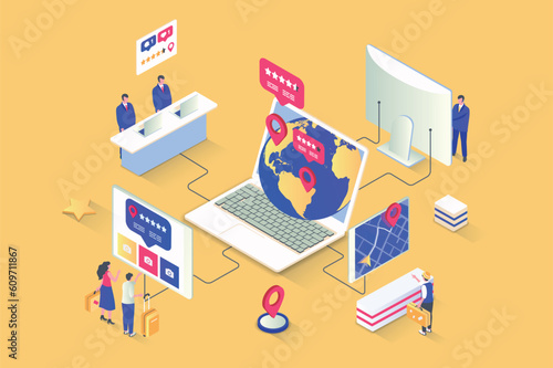 Booking service concept in 3d isometric design. Travel agency offers destinations for recreation, routes for tourists, hotel and flight. Vector illustration with isometry people scene for web graphic