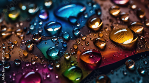 Water droplets on a leaf. Colorful macro background. Created with Generative AI Technology