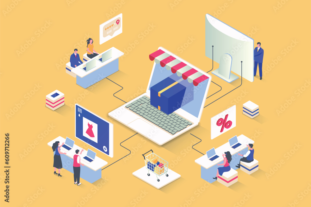 Discount of goods concept in 3d isometric design. Attracting new customers with promotions in store, bargain online shopping and gifts. Vector illustration with isometry people scene for web graphic