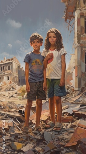 A paint of a brother and a sister war victims, homeless and orphans ai generative