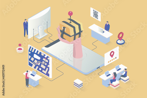 Online delivery concept in 3d isometric design. Customers send and receive parcels, track online, pay for service of logistics company. Vector illustration with isometry people scene for web graphic