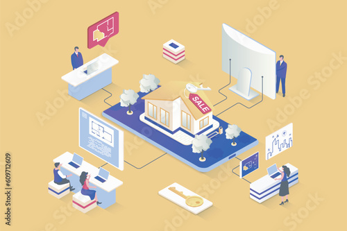 Real estate concept in 3d isometric design. Architectural agency makes blueprints, realtors sell apartments and houses to new owners. Vector illustration with isometry people scene for web graphic