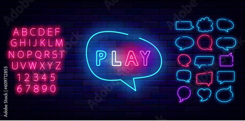 Play neon label on brick wall. Simple inscription. Glowing advertising. Game design. Vector illustration