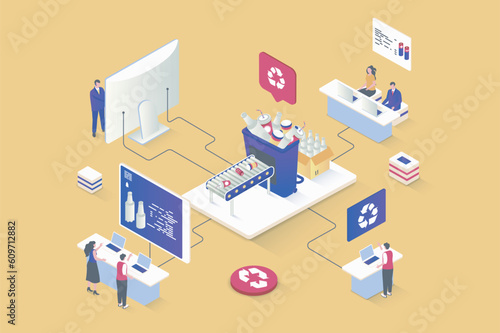 Waste management concept in 3d isometric design. Eco friendly technology, disposal sorting, separating garbage for recycling process. Vector illustration with isometry people scene for web graphic