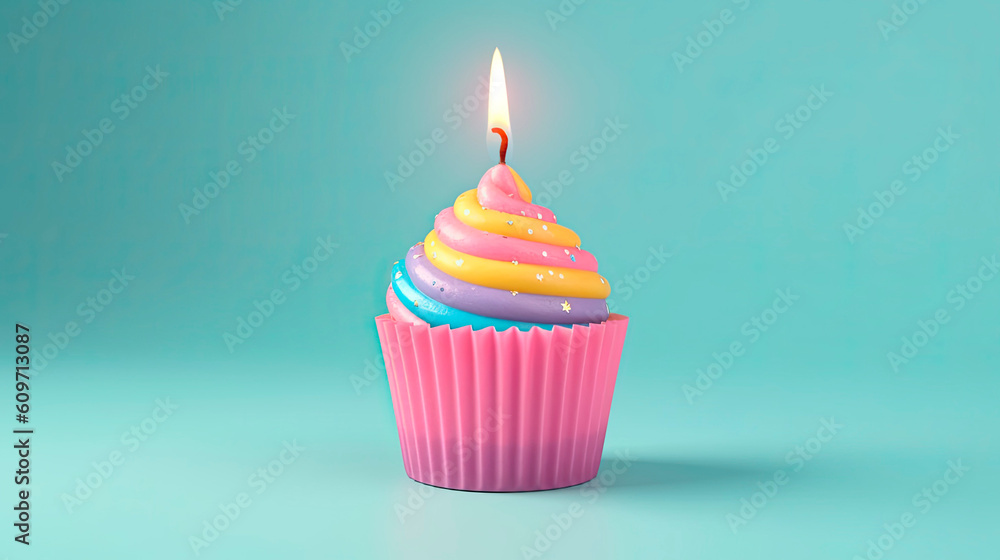 Birthday cupcake with a lit candle on a blue background. Generative AI. Birthday cupcake with a lit candle on a blue background. Generative AI.