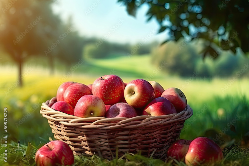 Basket with red apples on the grass in the orchard. Generative AI.
Basket with red apples on the grass in the orchard. Generative AI.
