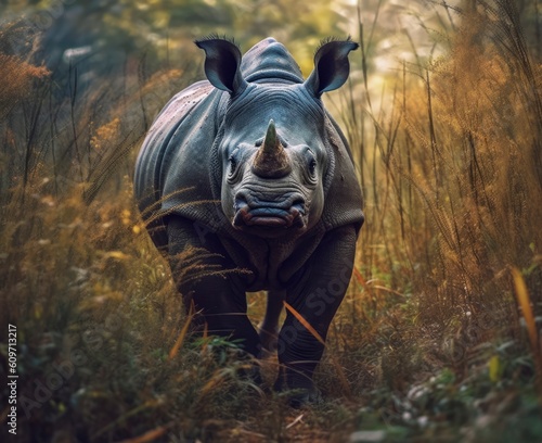 Rhino walking through tall grass 