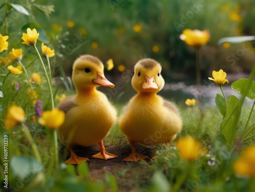 Little yellow ducks on green grass and flowers
