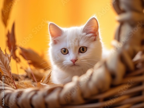 Photo a beautiful white kitten sits in a basket. © mia.n_official