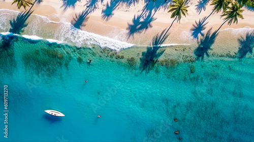 Aerial view of beautiful tropical beach with palm trees, turquoise water and white sand. Drone photography Generative AI.