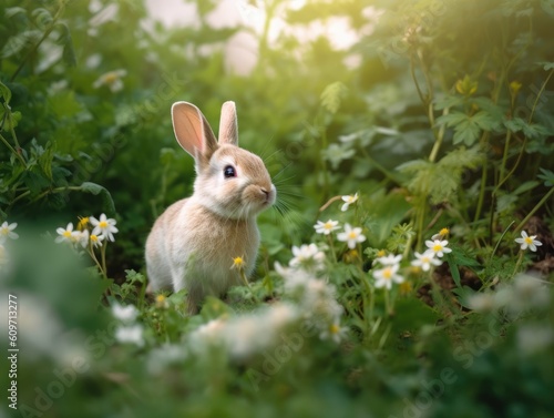 A little white rabbit on green grass and flowers