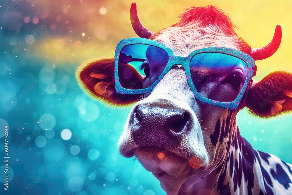 Cute cow in sunglasses on bokeh background. Animal portrait. Created with Generative AI tools Cute cow in sunglasses on bokeh background. Animal portrait. Created with Generative AI tools