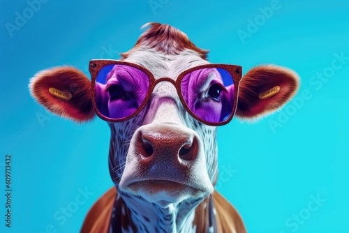 Close-up portrait of a cow with sunglasses on blue background. Created with Generative AI tools
