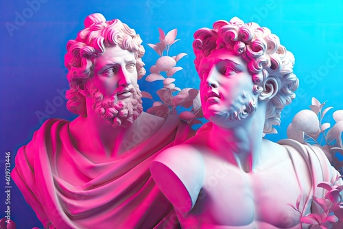 Statues of ancient Greek gods on blue background. Created with Generative AI tools