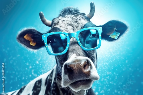 Close up portrait of a cow wearing blue glasses on blue background. Created with Generative AI tools © DIGITALSHAPE