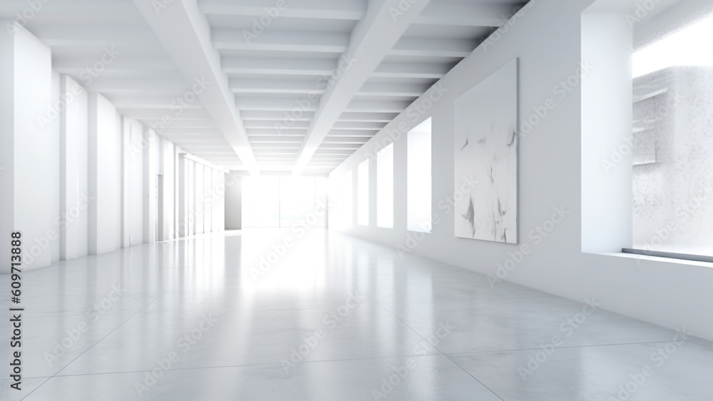 A long pristine white corridor adorned with large windows. Generative AI