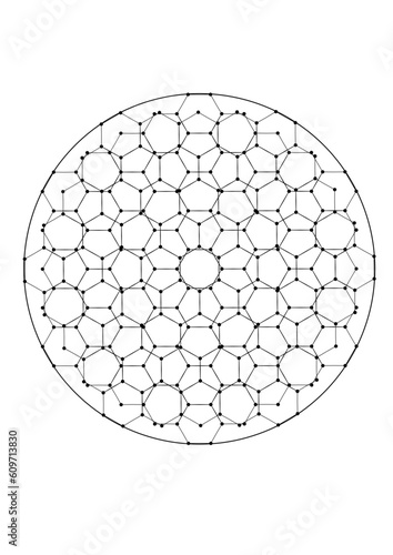 kreisfläche gefüllt mit einem rotationssymmetrischen muster aus verscheidenen polygonen, dereneckpunkte mit ponkten markiert sind, modern art