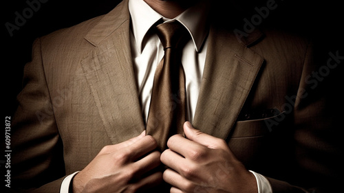 Well dressed businessman adjust his suit and straighten his tie. Generative AI