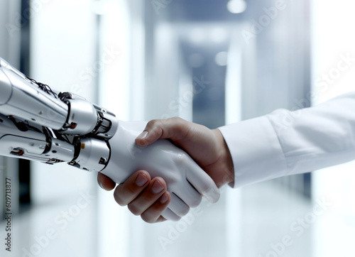 Artificial Intelligence shaking hands, shakes hands with AI robot, Ai microchip circuit board, and AI coded face