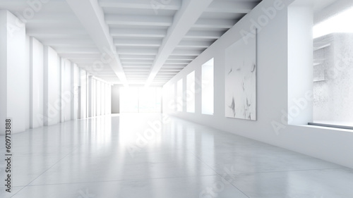 A long pristine white corridor adorned with large windows. Generative AI