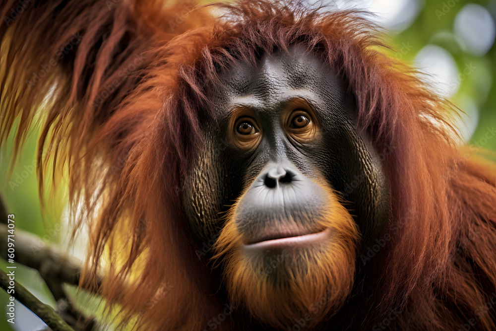 Fototapeta premium Bornean orangutan, posing for portrait with genlte look on his face, Generative AI