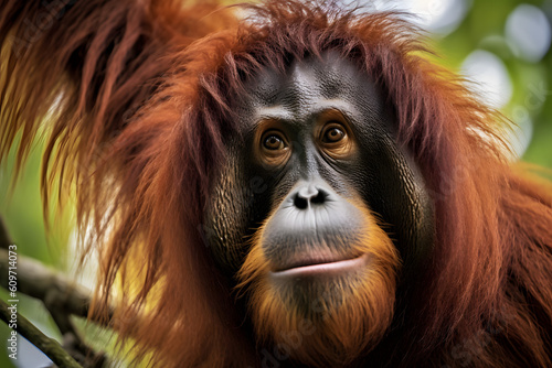 Bornean orangutan, posing for portrait with genlte look on his face, Generative AI © Boris
